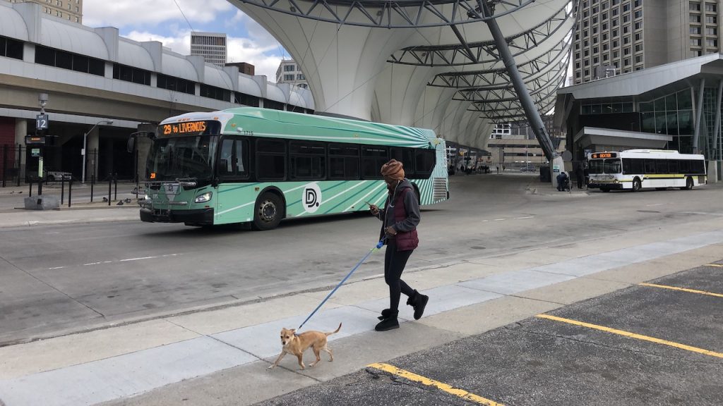 A man walks his doc near the Rosa Parks Transit Center
