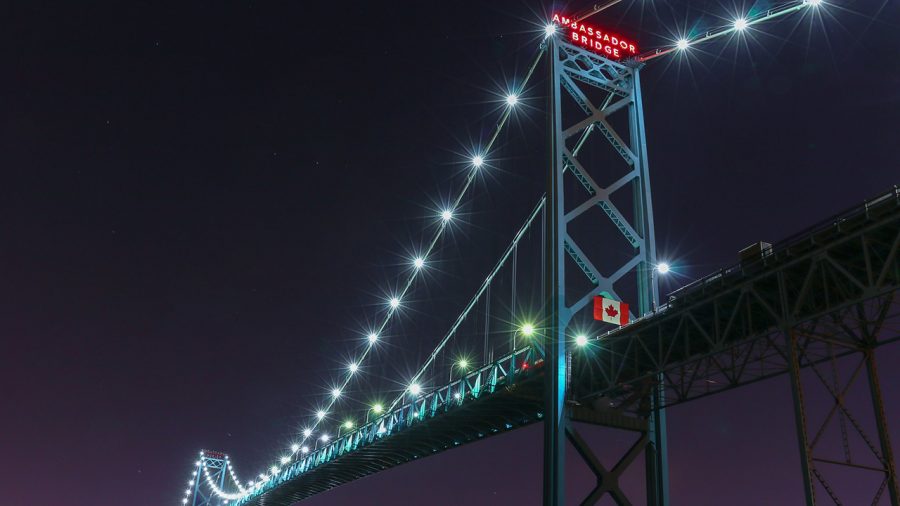 A view of the Ambassador Bridge at night.