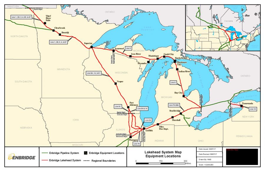 Map outlining Line 5, an Enbridge operated oil pipeline that runs through parts of Canada, Wisconsin, and Michigan, including tribal lands.