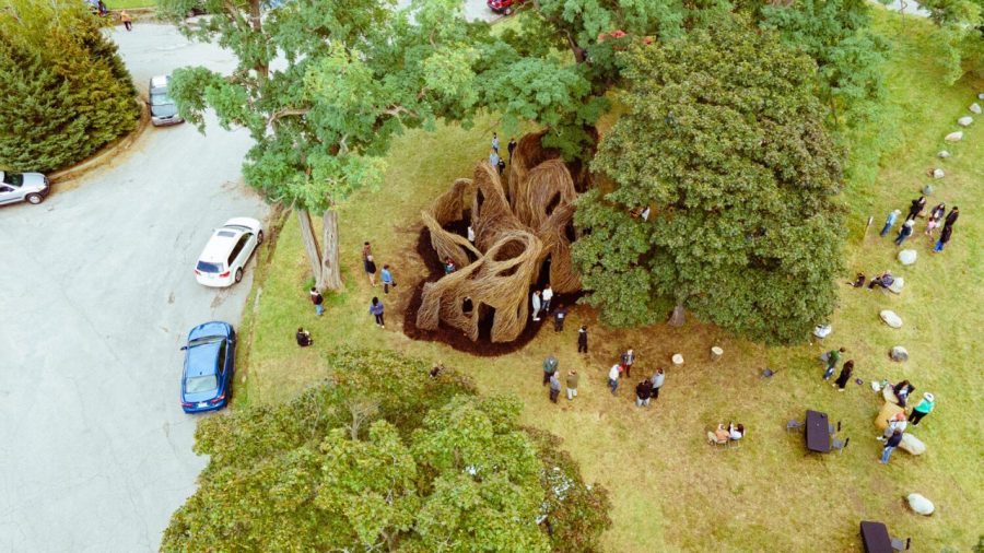 A sculpture titled "A Walk in the Park" by Patrick Dougherty at Detroit's Eliza Howell Park in September 2021.