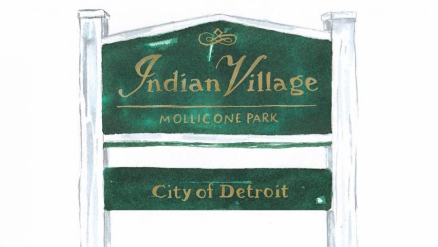 A watercolor painting of the Mollicone Park sign in Detroit's historic Indian Village neighborhood by local artist Courtney Jentzen.