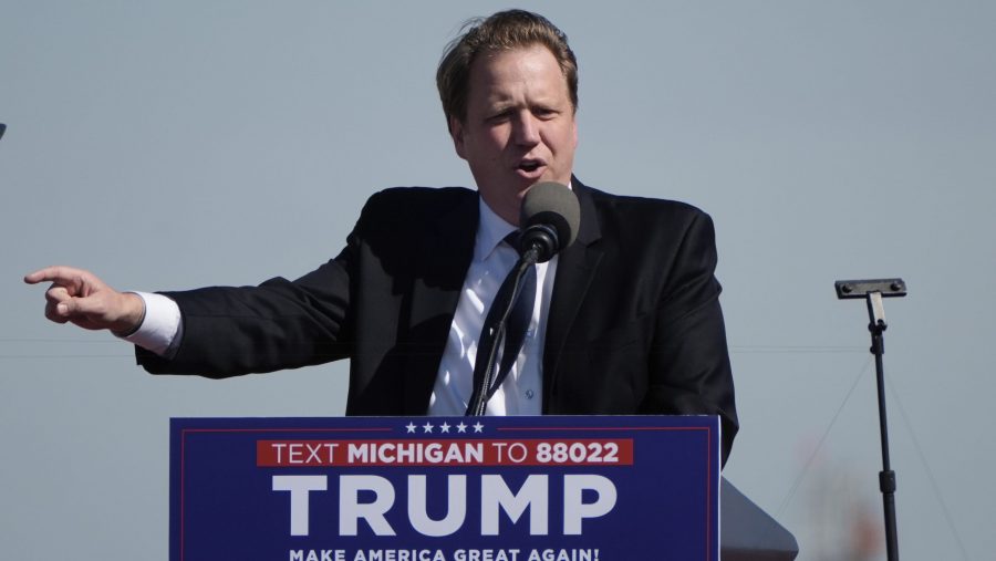 FILE - Michigan state Sen. Aric Nesbitt (R-Porter Township) speaks at a Trump campaign event in Freeland, Mich., May 1, 2024.