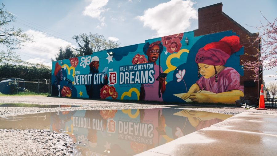 A new InsideOut mural completed by Oshun Williams on the side of Yoshi Hibachi Grille on Livernois Avenue.